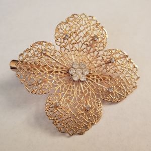 Metallic Gold Filligree Flower and Rhinestone Hair Clip
